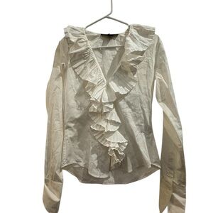 Ralph Lauren Ruffled Bib Collar Tan Cream Blouse